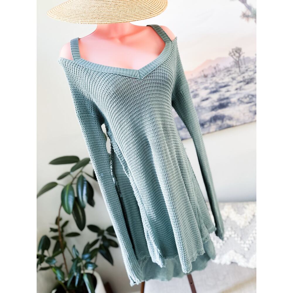 Still Meadows & Sea Glass Skies cold shoulder textural knit long tunic sweater - Picture 5 of 6